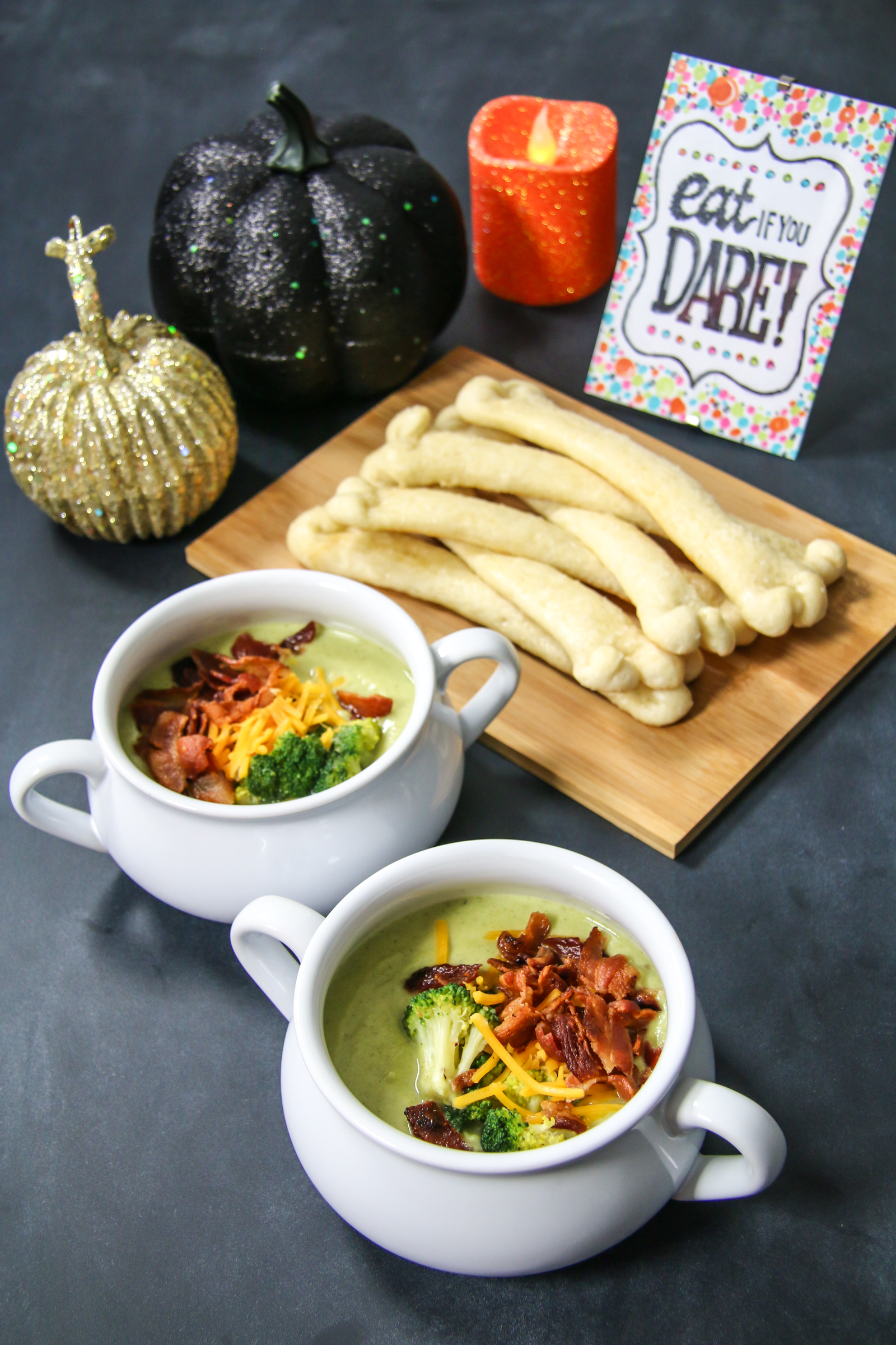 cream of broccoli witches’ brew soup with bone breadsticks
