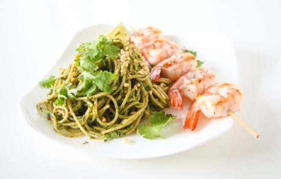 Cilantro Peanut Pesto Pasta with Shrimp