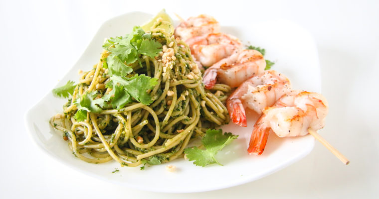 Cilantro Peanut Pesto Pasta with Shrimp
