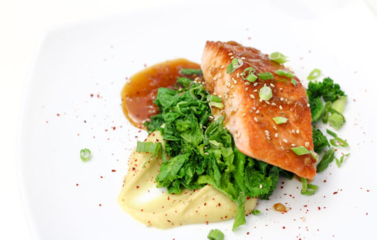 Bulgogi Glazed Salmon with Goguma Puree (and Mustard Greens)