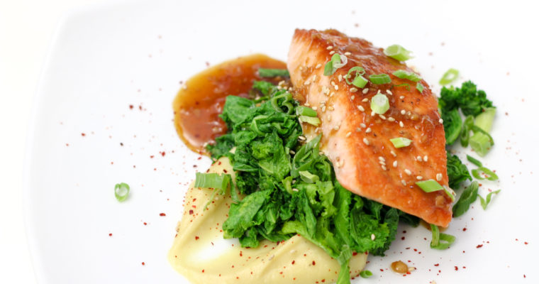 Bulgogi Glazed Salmon with Goguma Puree (and Mustard Greens)